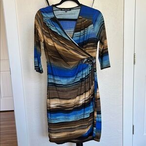 Mlle Gabrielle Blue and Brown Sheath Dress with Ruched Wrap Design